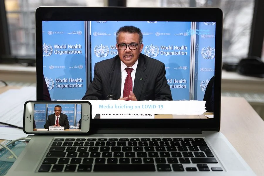 Photo taken in Brussels of Belgium on March 16, 2020 shows World Health Organization (WHO) Director-General Tedros Adhanom Ghebreyesus speaking at a virtual press conference held in Geneva, Switzerland.