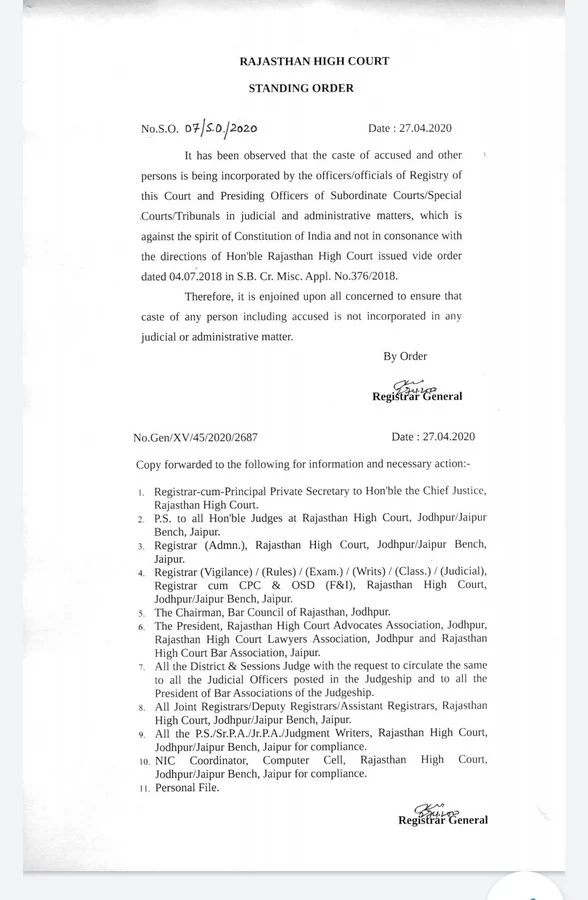Mentioning caste in any judicial and administrative matter is against the spirit of Constitution, says Rajasthan HC