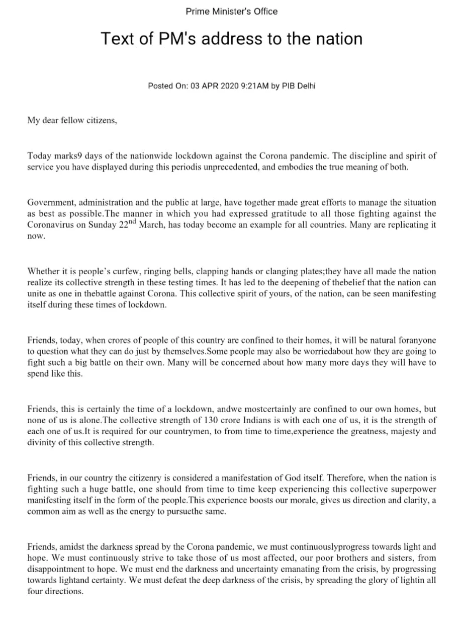 Full text of PM Narendra Modi's 9 am speech on April 3, 2020