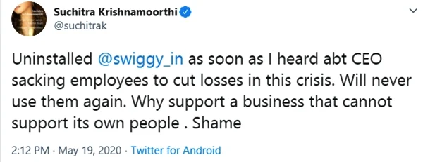 Suchitra Krishnamoorthi uninstalls Swiggy after food delivery app sacks 1,100 employees amid COVID-19 crisis