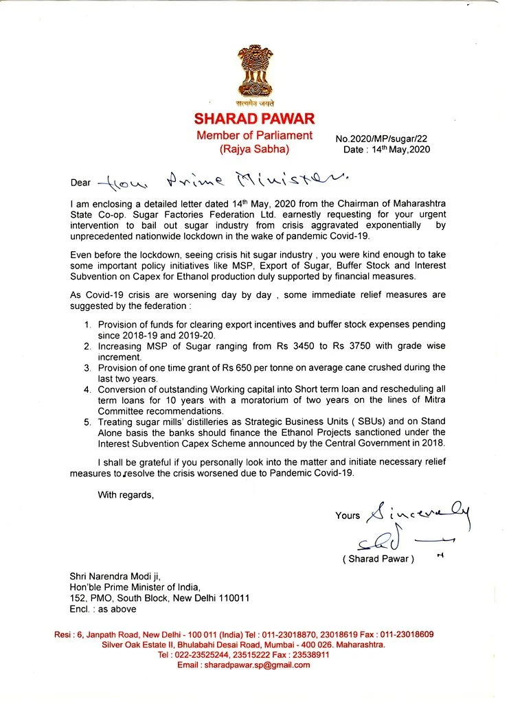 Sharad Pawar writes to PM Modi; requests to take measures for crisis-hit sugar industry