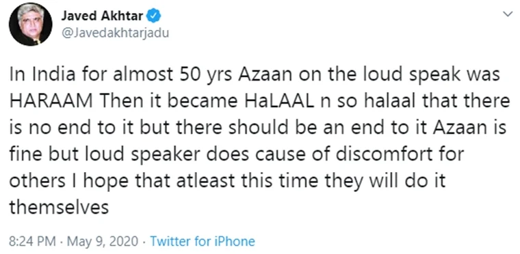 Javed Akhtar hits out against azaan loudspeakers, says 'in India it was Haraam for almost 50 years'