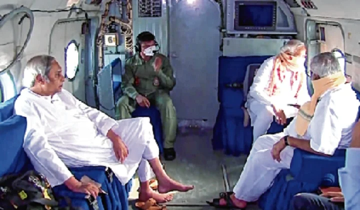 Governor Jagdeep Dhankhar and state officials are also seen. The PM, along with Odisha CM Naveen Patnaik and Governor Ganeshi Lal, conducts an aerial survey of the affected-areas, in Bhubaneswar, Odisha, on Friday.
