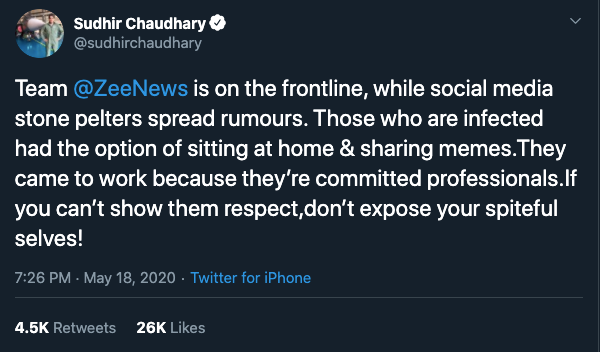 Sudhir Chaudhary says employees came to work; Twitter asks if they came infected with coronavirus