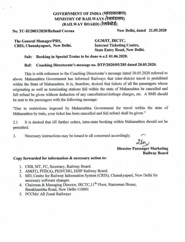 After Maharashtra prohibits inter-district travel, Railways to provide full refund for cancelled tickets for trains scheduled to run from June 1