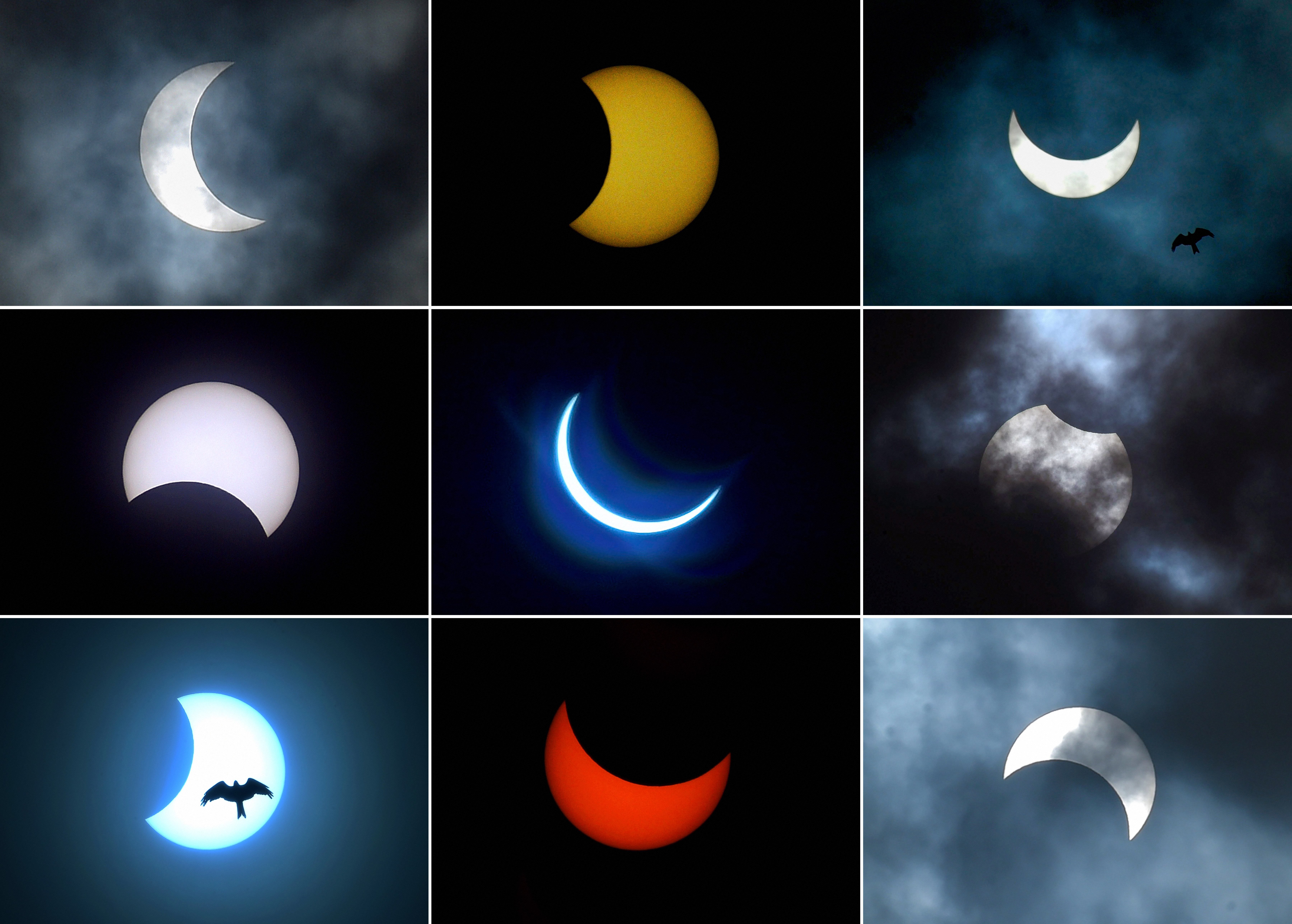 Combination of nine photos, shows the moon moving in front of the sun during the annular solar eclipse as seen from (top L to R) Kolkata, Coimbatore, Hyderabad, (center L to R) Bengaluru, Ghaziabad, Patna and (bottom L to R) Chennai, New Delhi, and Mumbai, on Sunday, June 21, 2020.