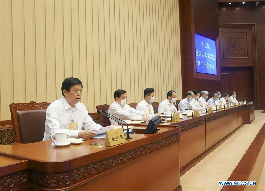 Li Zhanshu, chairman of the National People's Congress (NPC) Standing Committee, presides over the first plenary meeting of the 20th session of the 13th NPC Standing Committee at the Great Hall of the People in Beijing, capital of China, June 28, 2020.