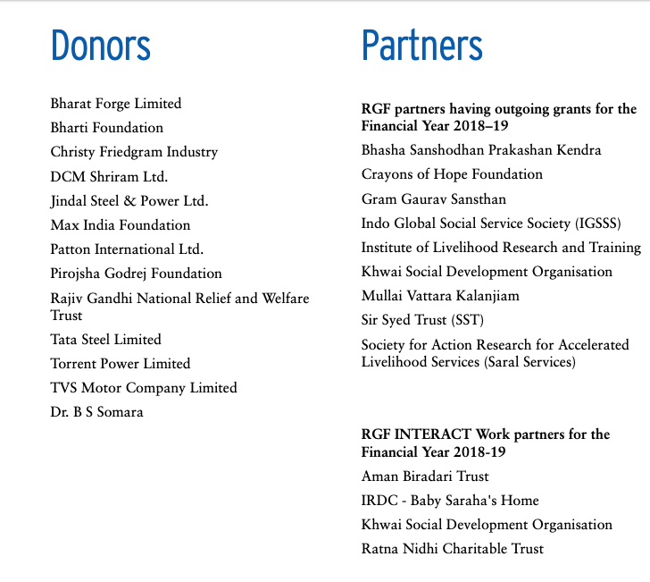 The donors and partners to Rajiv Gandhi Foundation in the last financial year