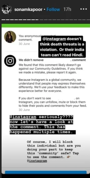 Sonam Kapoor slams Instagram after it refuses to take down 'death threat'