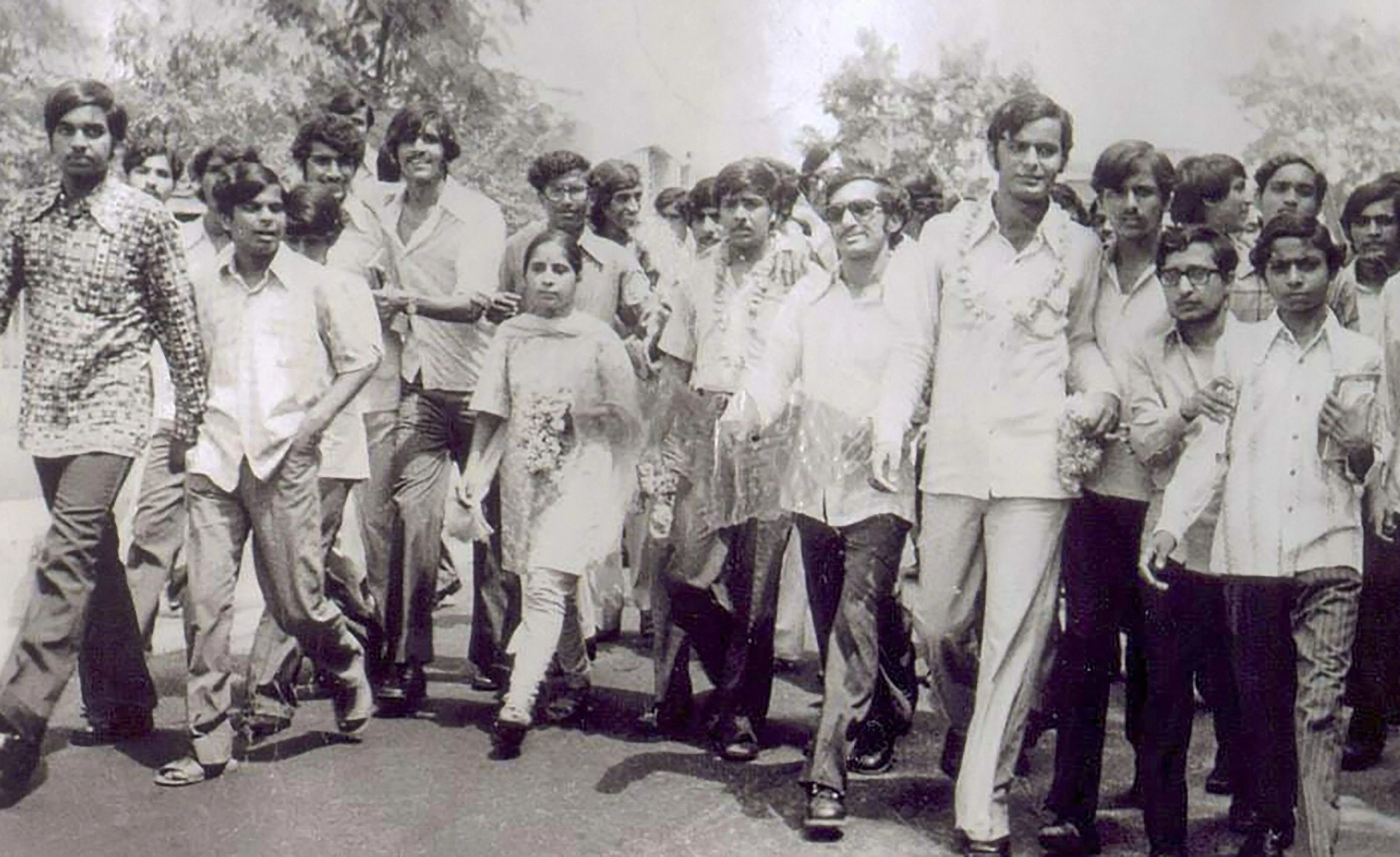 Arun Jaitley (3R) after being elected Delhi University Students' Union president in 1974 in New Delhi.