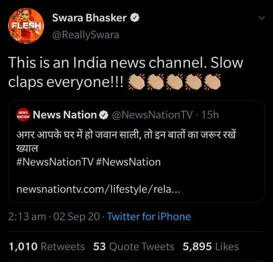 Swara Bhasker pans news channel for article on things to keep in mind if you have a 'jawaan saali' at home