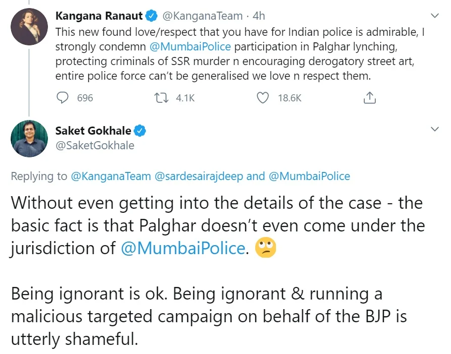 Saket Gokhale schools Kangana Ranaut for 'wrongly condemning' Mumbai Police in Palghar lynching