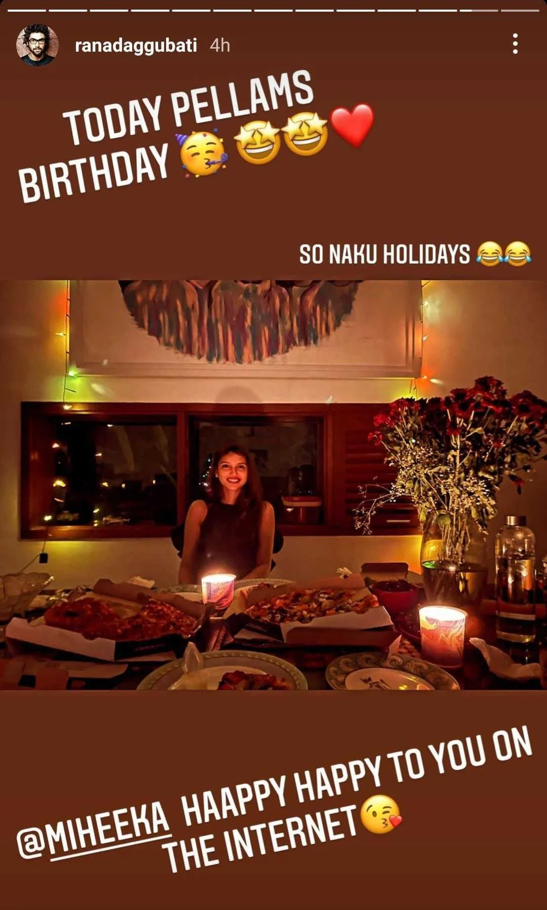 Rana Daggubati hosts candlelight pizza party for his 'Pellam' Miheeka on her birthday