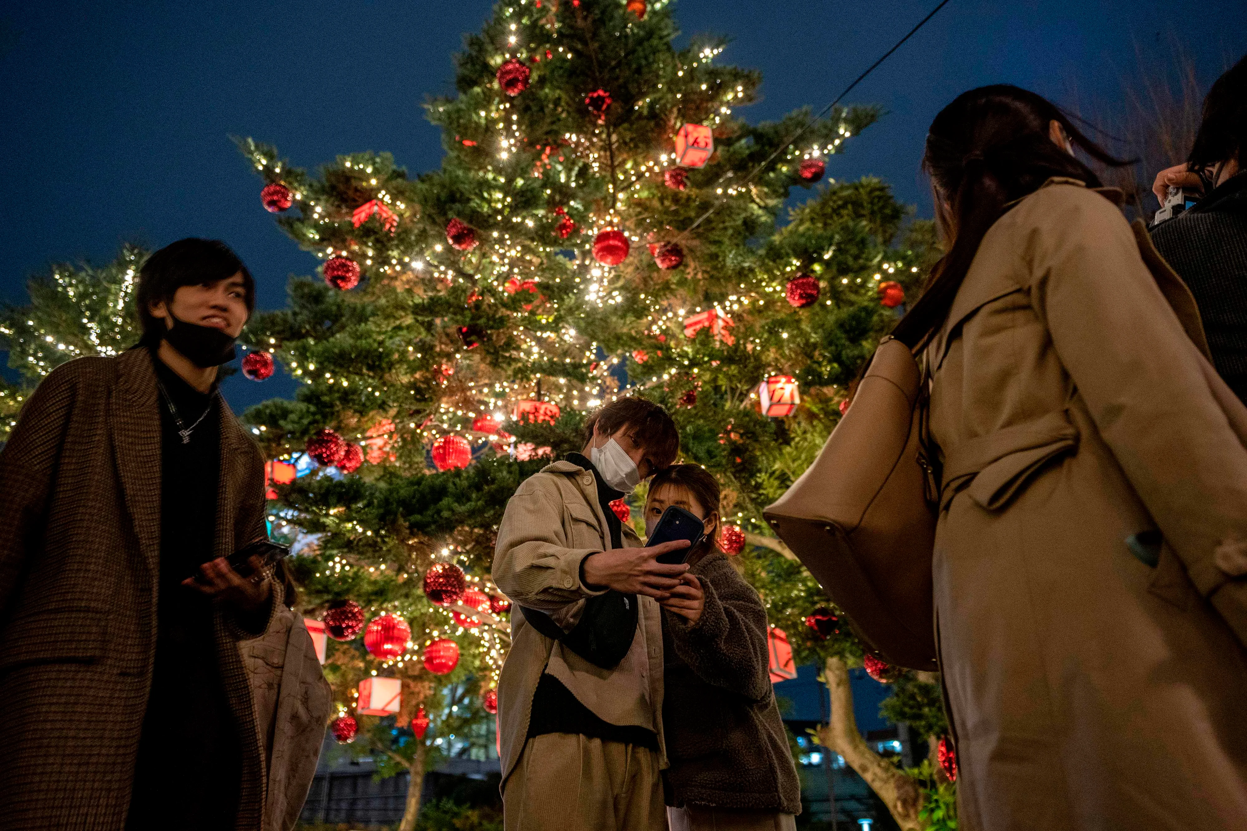 A couple takes pictures with Christmas-themed illuminated trees on Christmas eve, in Roppongi district of Tokyo