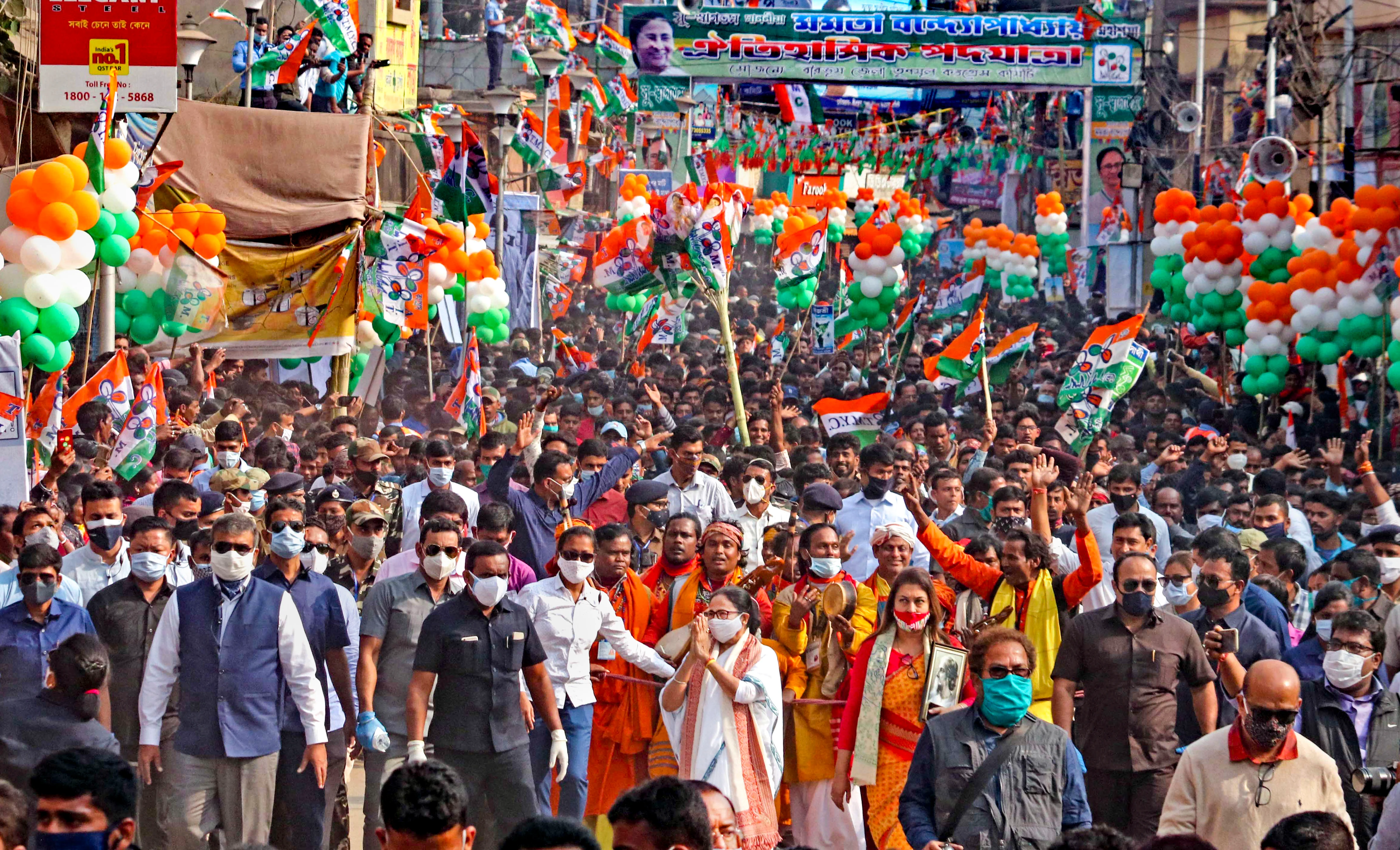 West Bengal Chief Minister Mamata Banerjee during a rally ahead of West Bengal Assembly polls 2021, at Bolpur in Birbhum district of West Bengal, Tuesday, Dec. 29, 2020. Also seen is TMC MP Satabdi Roy.