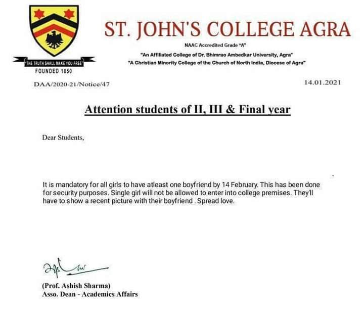 Agra college asks girls to get a boyfriend before Valentine's Day; principal rubbishes report