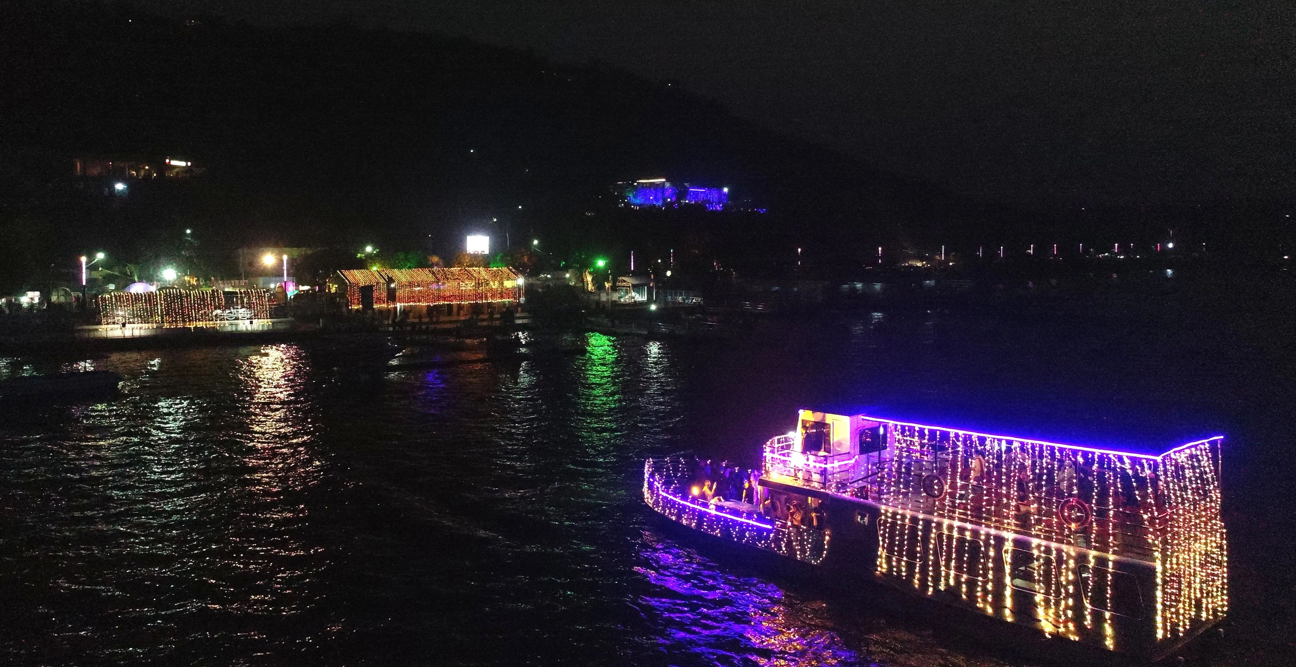 A Ferry Boat decorated with lights on the occasion of New Year 2021, in the Upper Lake in Bhopal on Thursday.