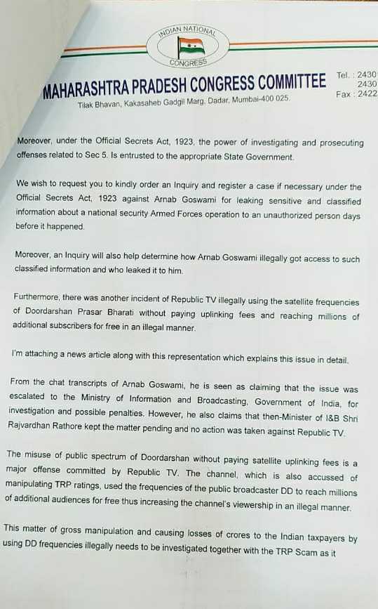 Mumbai: Congress seeks action against Arnab Goswami for violation of Official Secrets Act