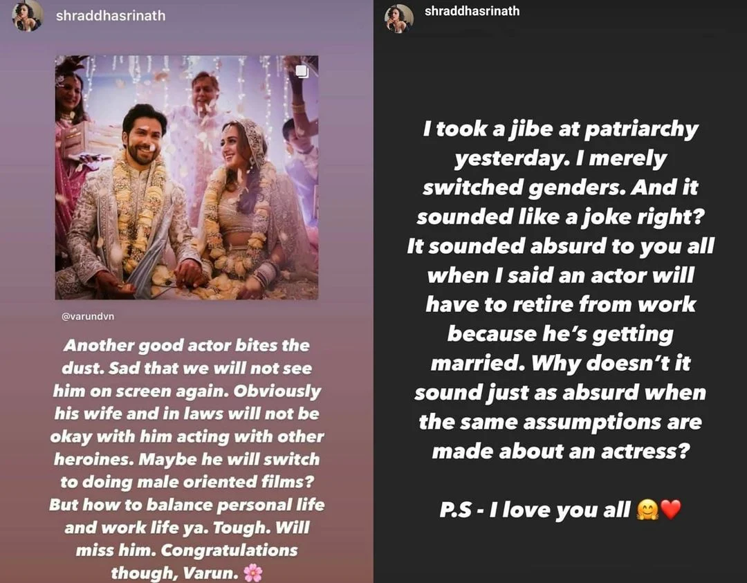 'Maara' actor Shraddha Srinath takes a jibe at patriarchy while congratulating newlyweds Varun Dhawan-Natasha Dalal