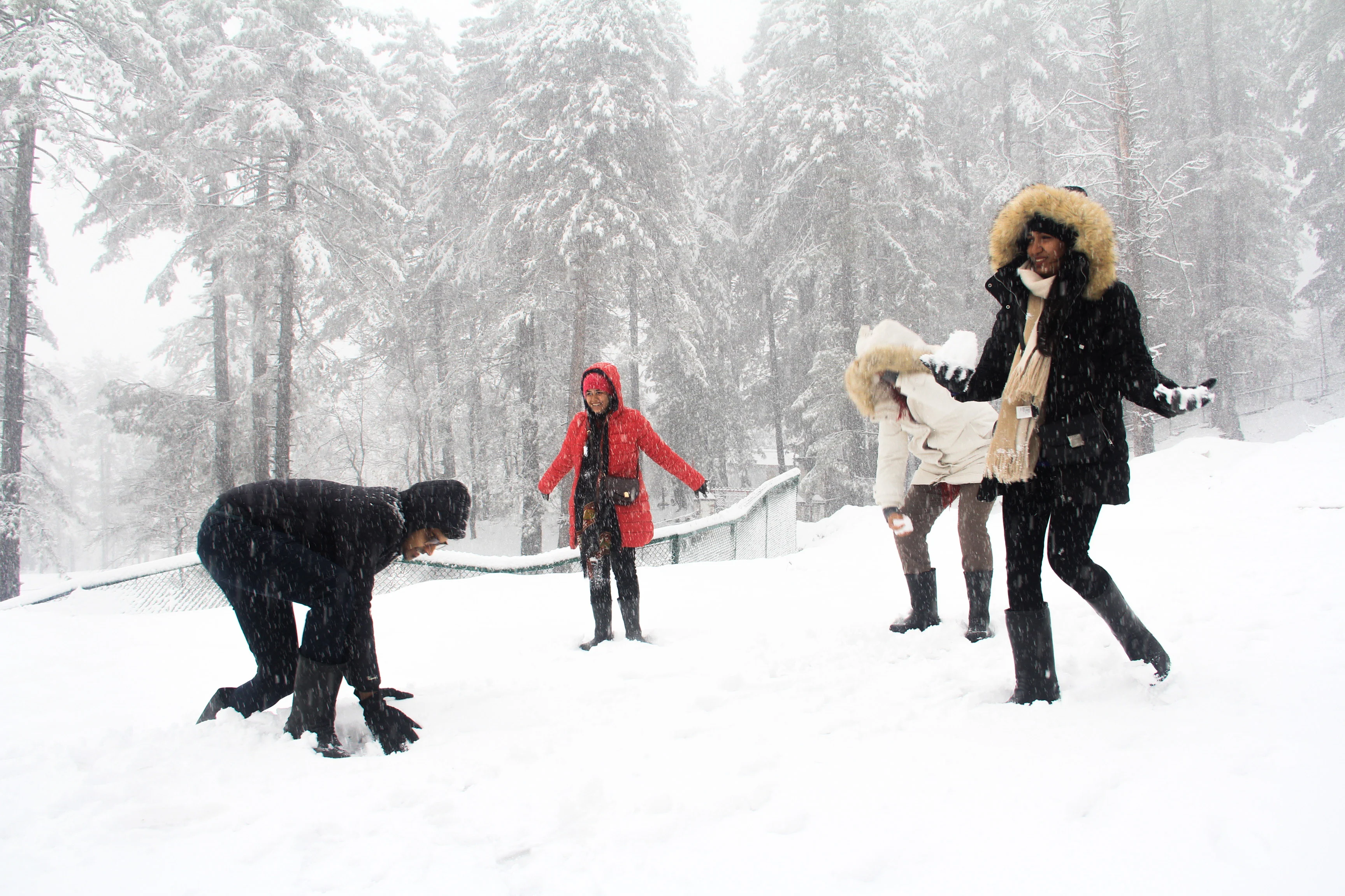 A group of tourists play with snow during the snowfall in Tangmarg area of Kashmir.