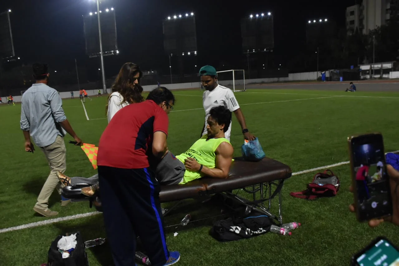 Disha Patani stands by an injured Tiger Shroff during a celebrity football match in Mumbai