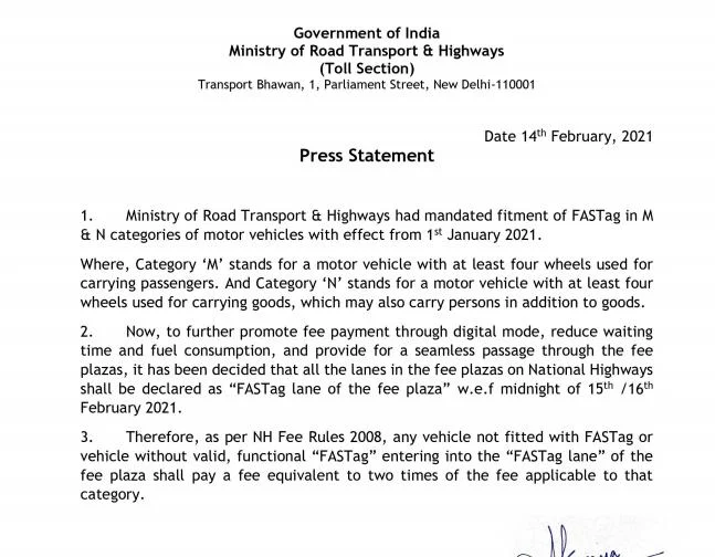 All lanes in fee plazas on National Highways to turn 'FASTag' from tomorrow midnight
