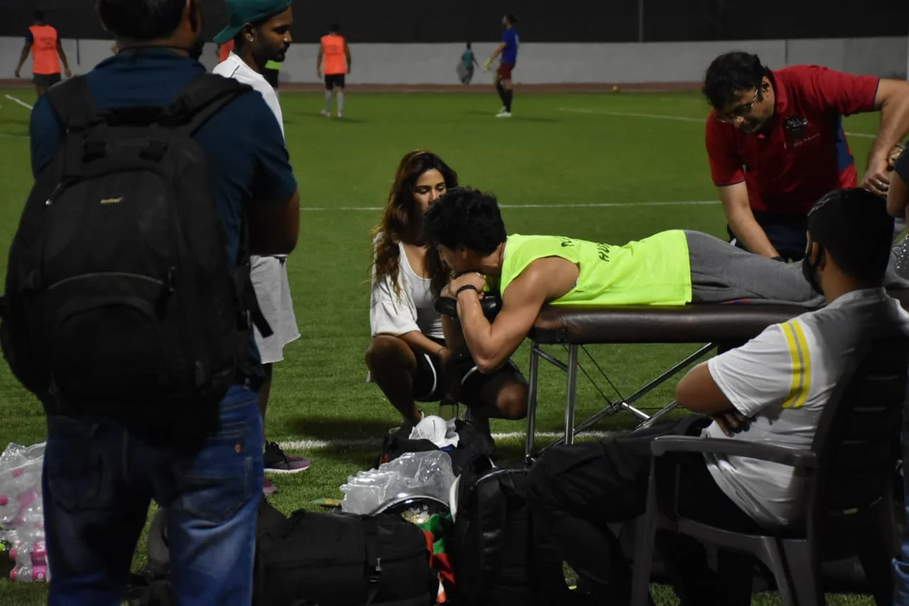 Disha Patani stands by an injured Tiger Shroff during a celebrity football match in Mumbai