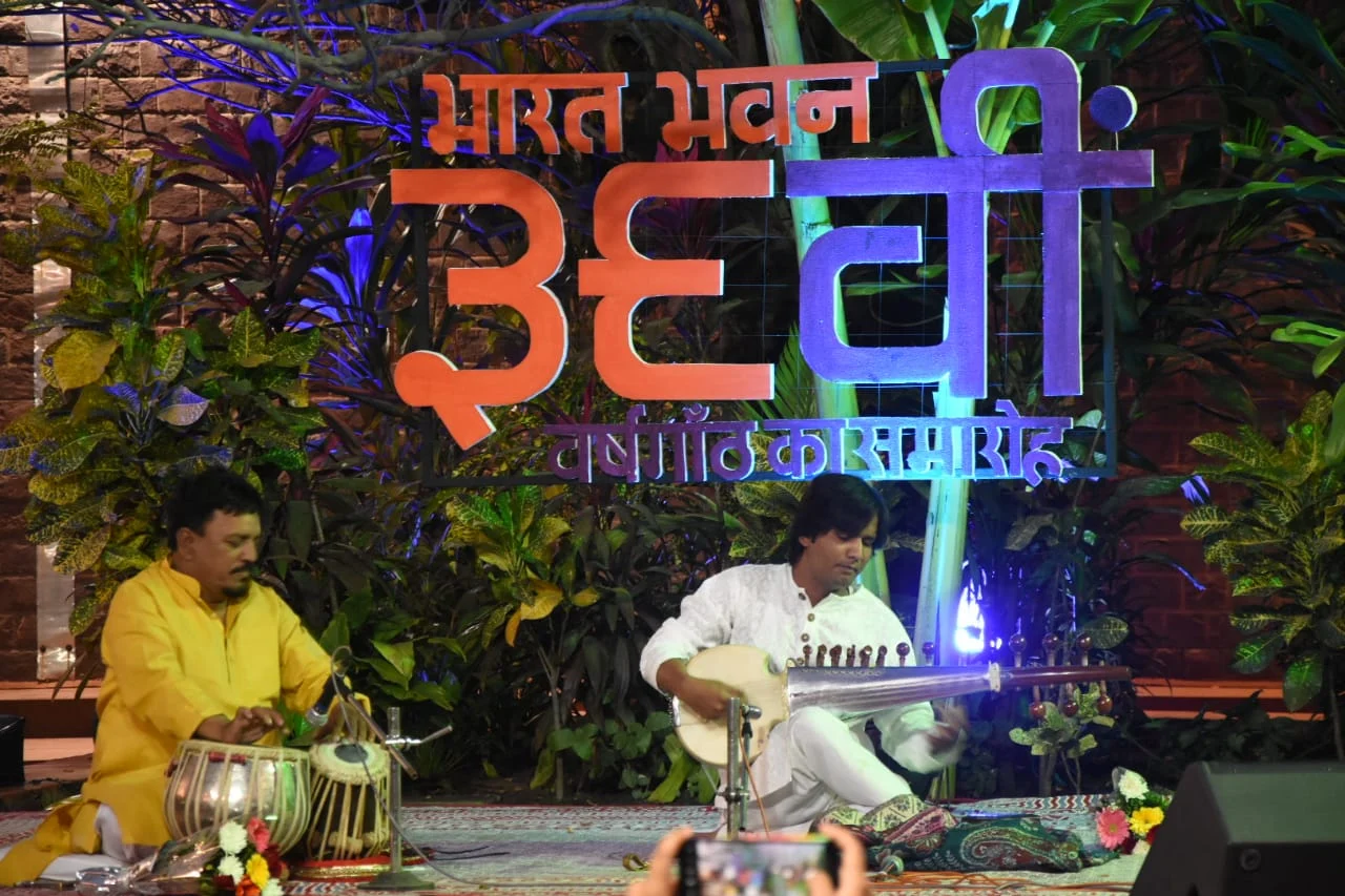 Sarod player Amir Khan presenting at Bharat Bhavan in the city on Monday evening.