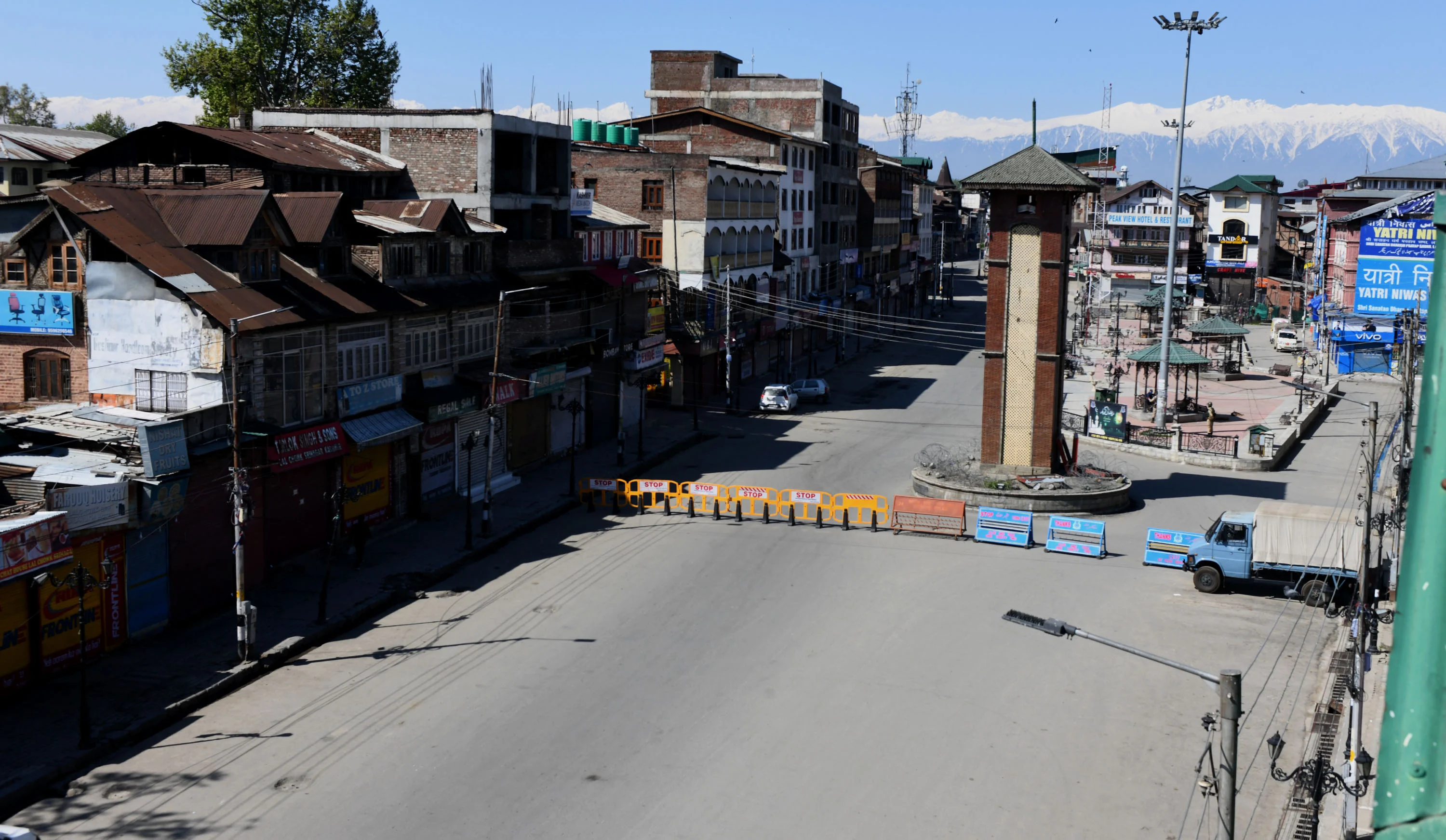 A deserted view of City Center Lalchowk during a weekend curfew imposed in Srinagar, Kashmir amid a countrywide spike in coronavirus cases.