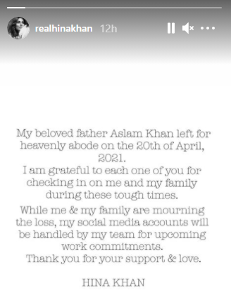 Hina Khan's Instagram story