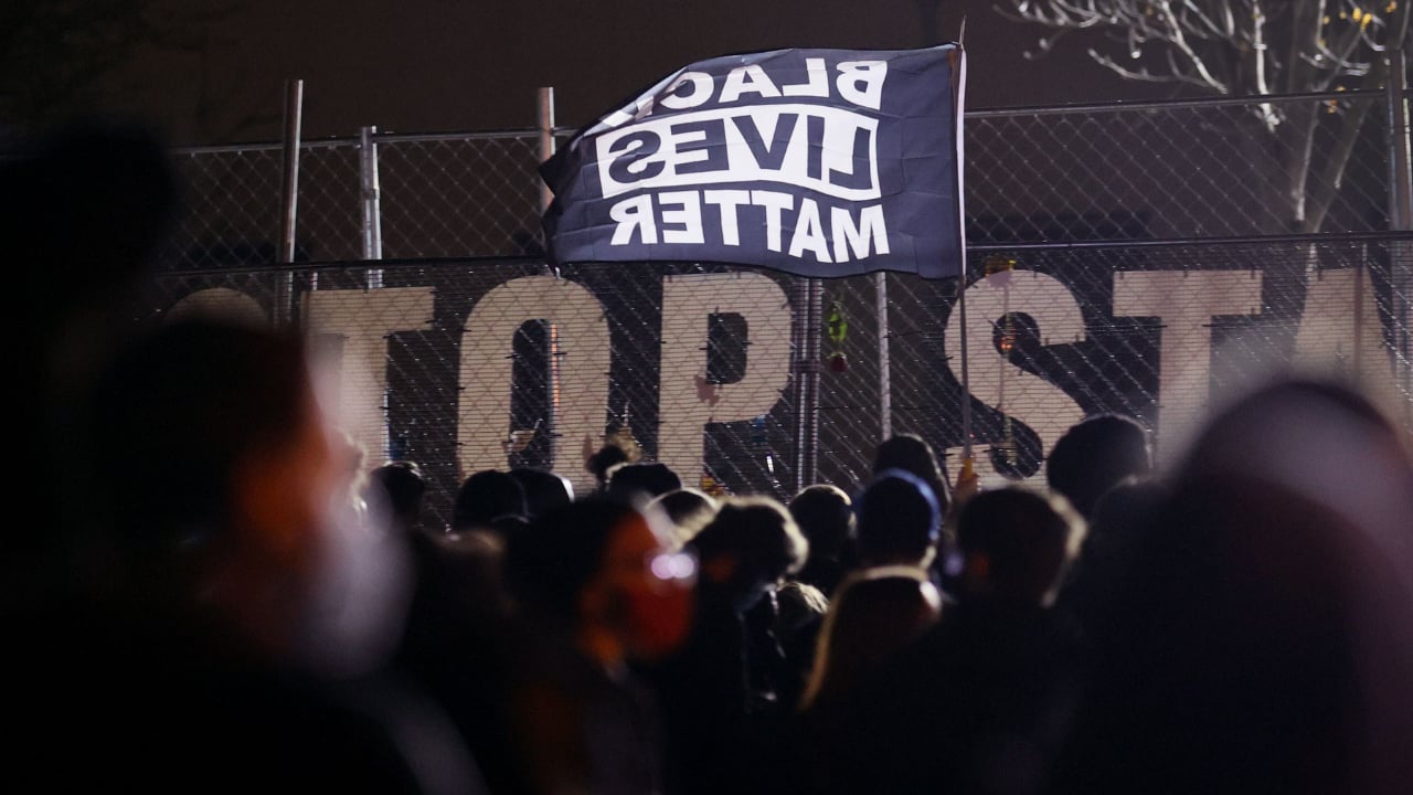 Demonstrators gather during a protest outside the Brooklyn Center police station on April 17, 2021 in Brooklyn Center, Minnesota. 