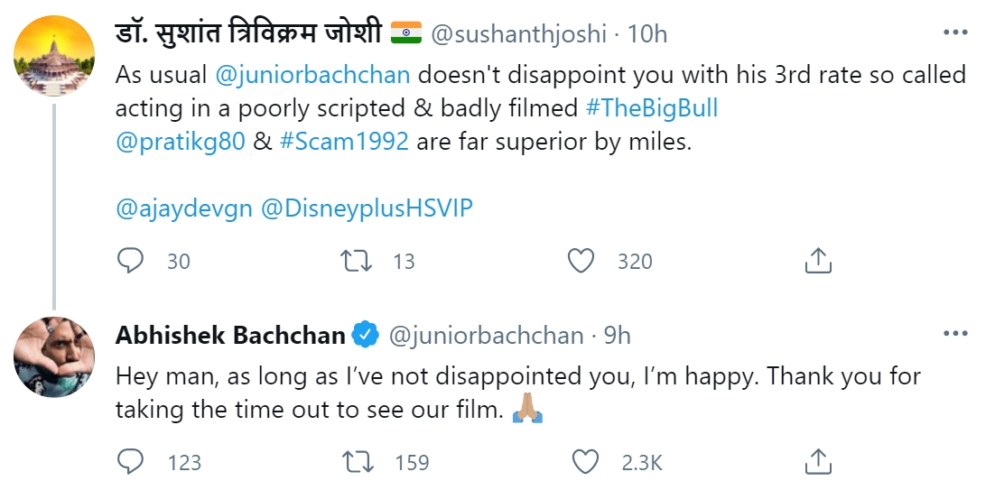 Abhishek Bachchan has an epic reply to netizen who mocked his acting skills in 'The Big Bull' review
