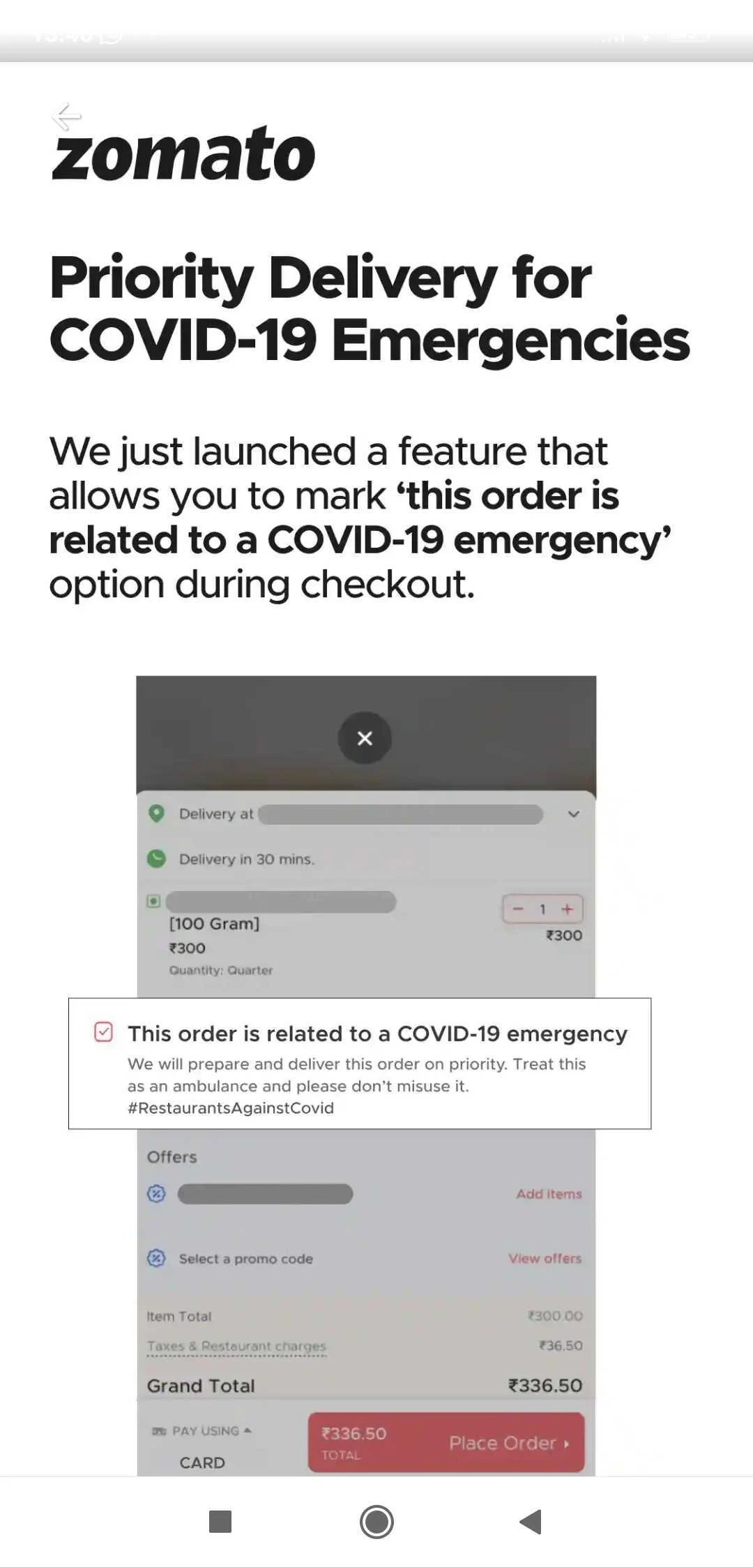 Zomato rolls out 'COVID-19 emergency order' feature - Here's all you need to know
