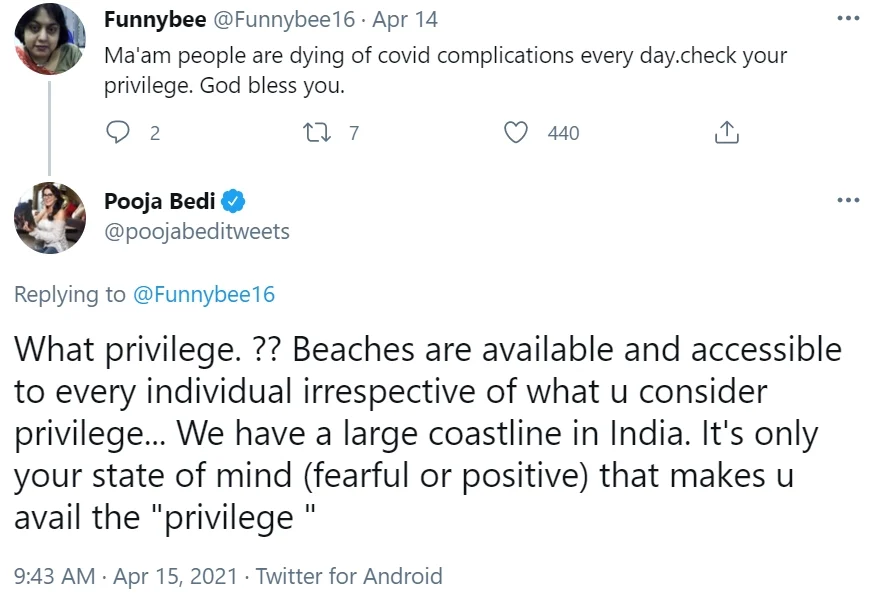 Pooja Bedi hits back at Twitter user who called out her 'privilege' in unmasked Goa beach video