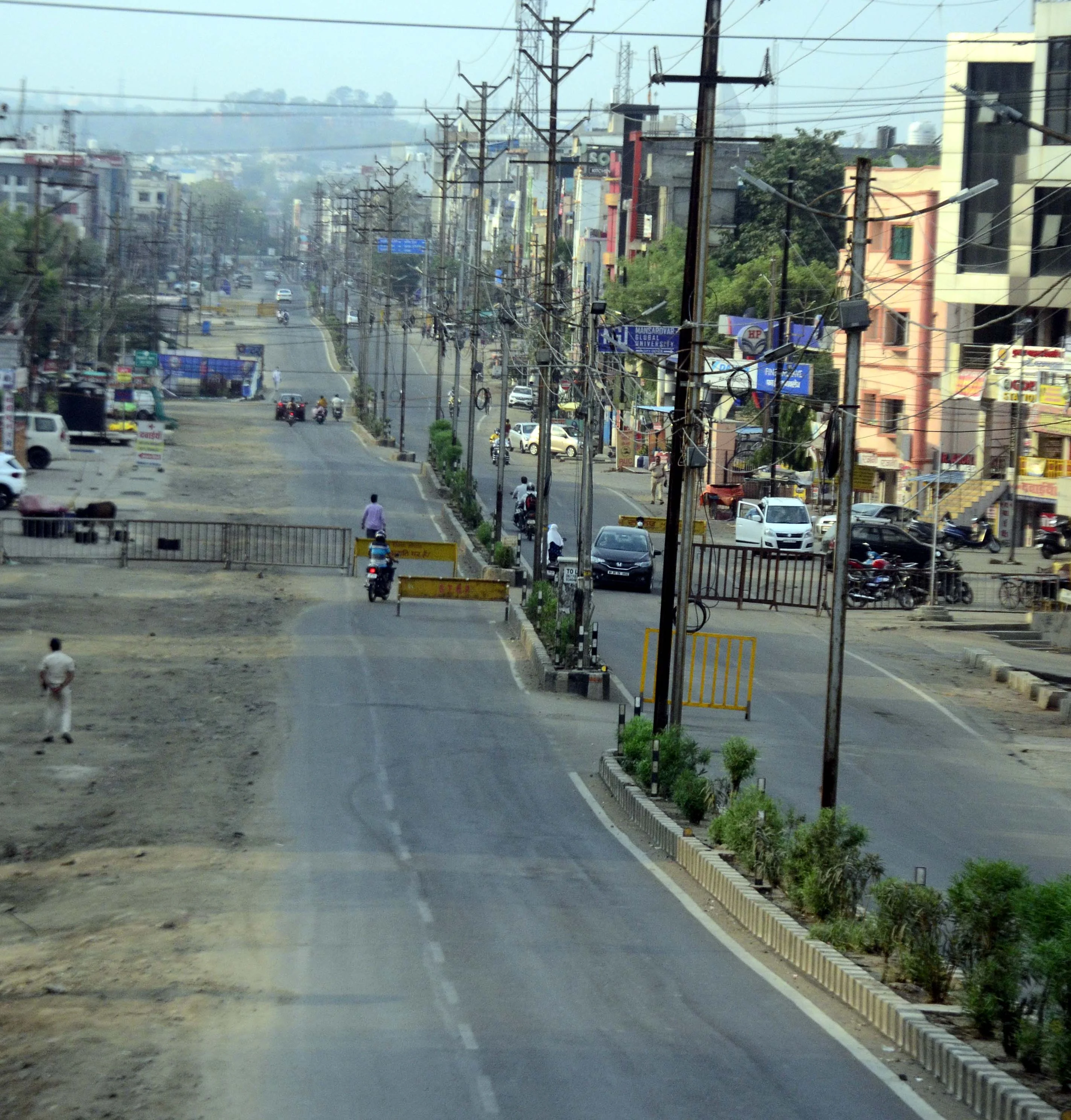Aerial view of road which wore a deserted look in the state capital, Bhopal, on Saturday.