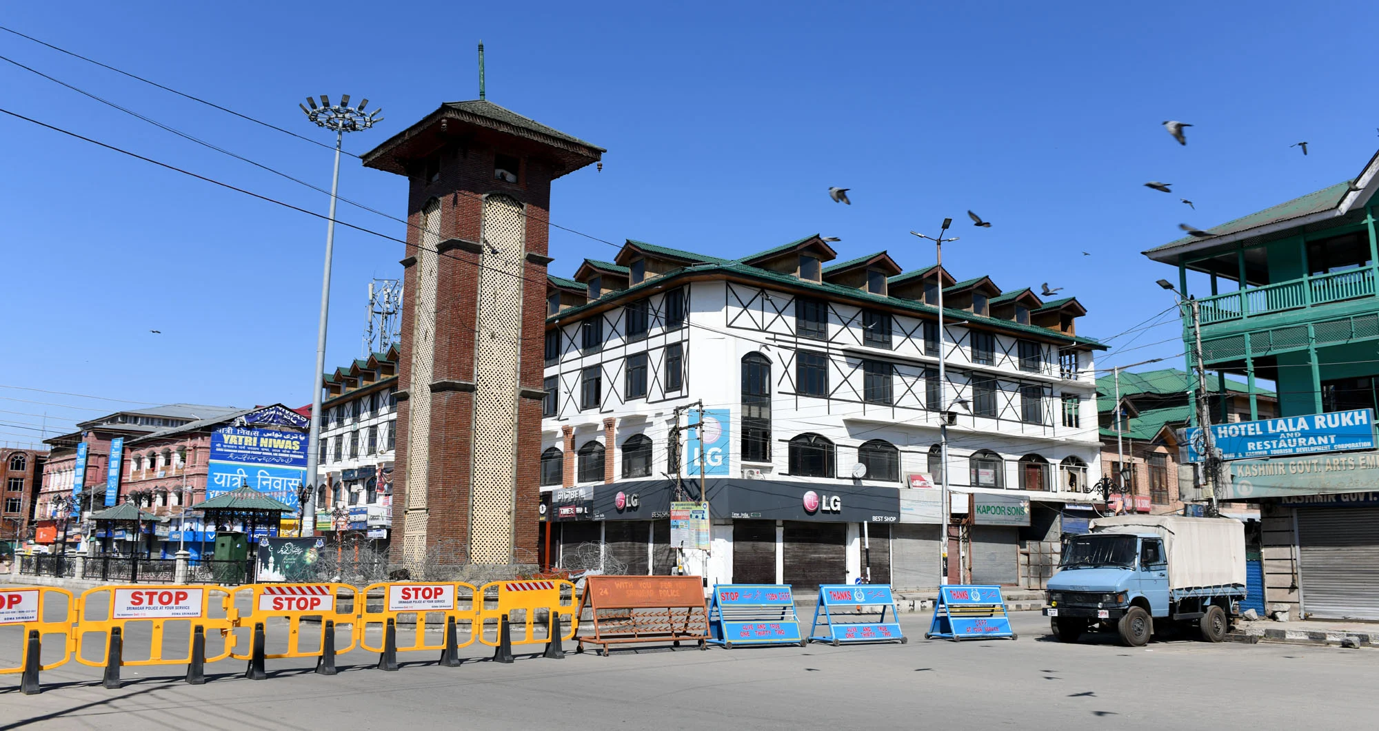A deserted view of City Center Lalchowk during a weekend curfew imposed in Srinagar, Kashmir amid a countrywide spike in coronavirus cases.
