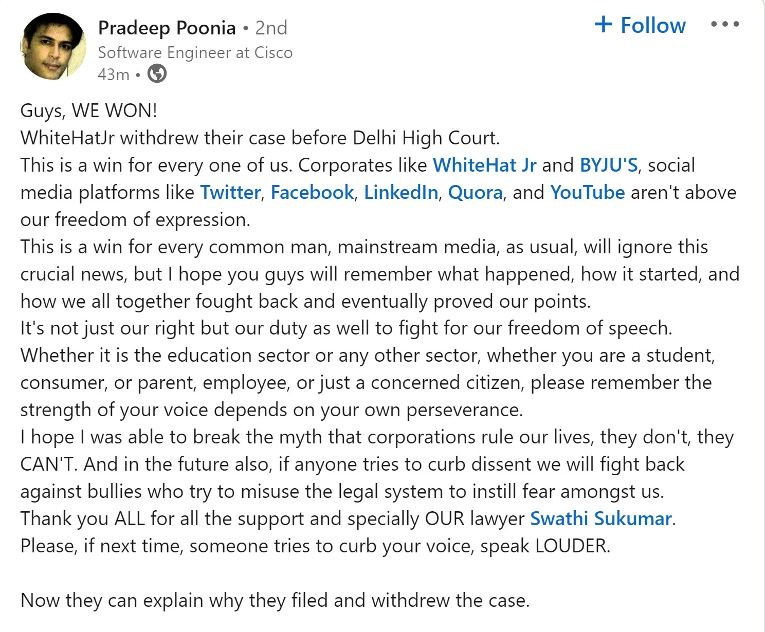 IIT engineer says corporates not above freedom of speech after WhiteHat Jr withdraws defamation case against him
