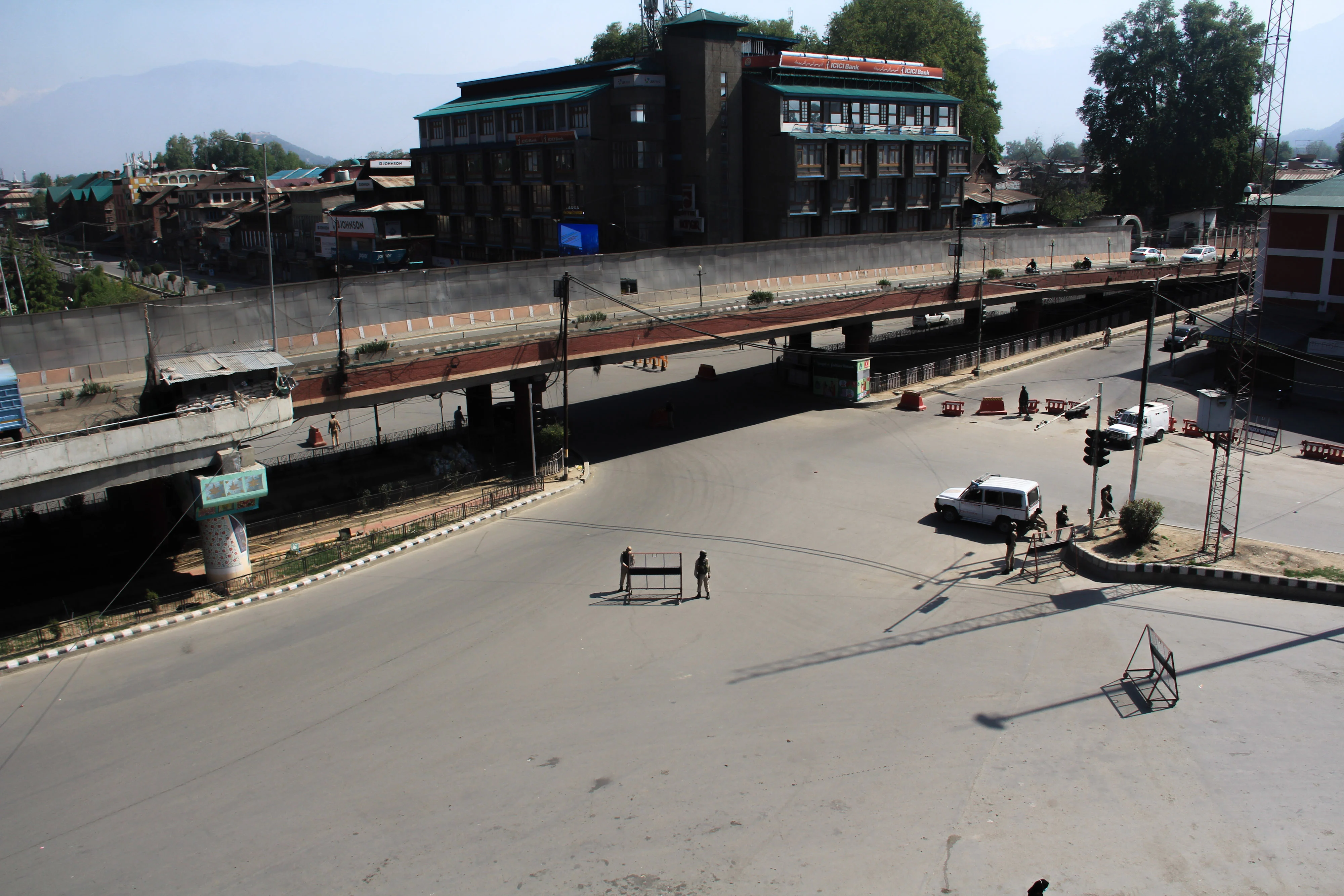 Barricades are erected by police near a check point during Corona curfew in Srinagar, Kashmir. As the COVID-19 cases continue to rise the authorities imposed strict Corona curfew across Jammu and Kashmir in order to stop further spread of Coronavirus.