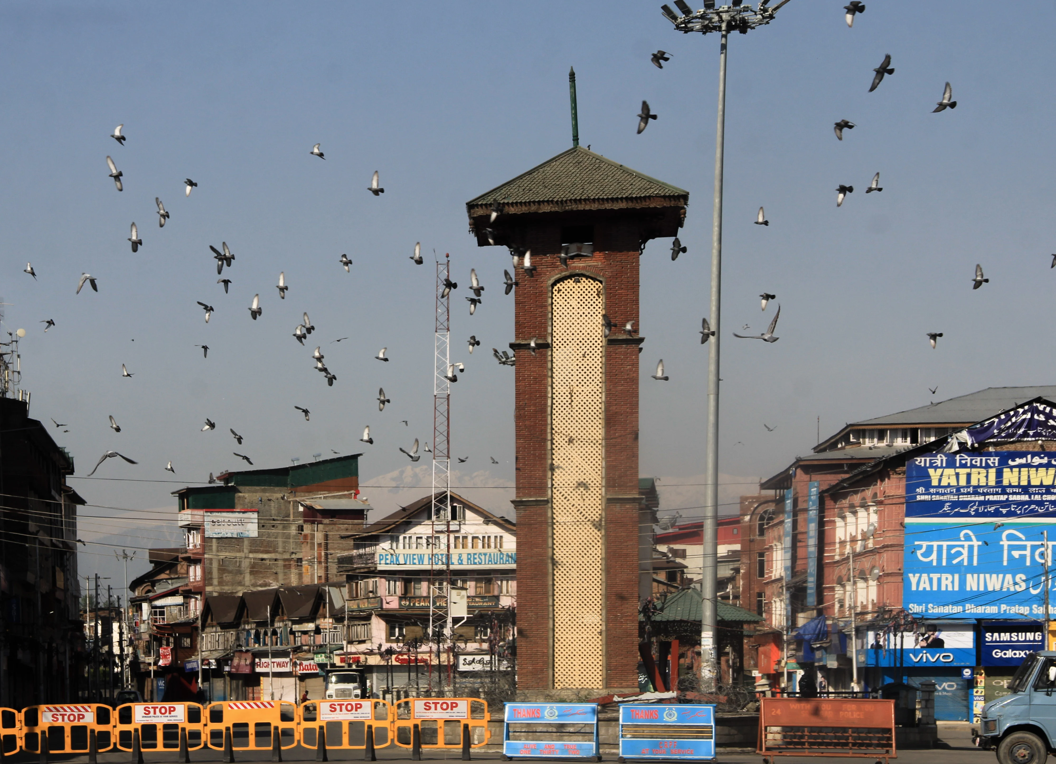 Barricades are erected by police near a check point during Corona curfew in Srinagar, Kashmir. As the COVID-19 cases continue to rise the authorities imposed strict Corona curfew across Jammu and Kashmir in order to stop further spread of Coronavirus.