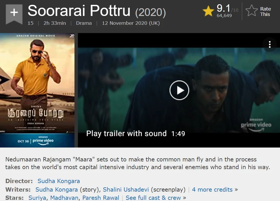 Suriya's film 'Soorarai Pottru' becomes third-highest rated movie in the world on IMDb