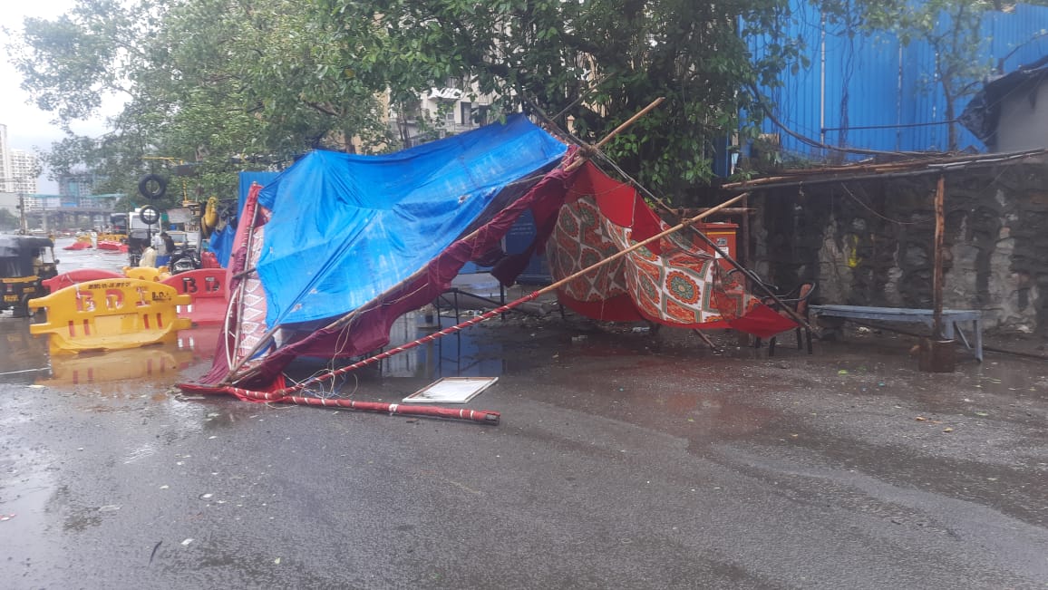 Local police tent in Dahisar collapses due to strong, gusty winds caused by Cyclone Tauktae in Arabian sea on May 17, 2021.