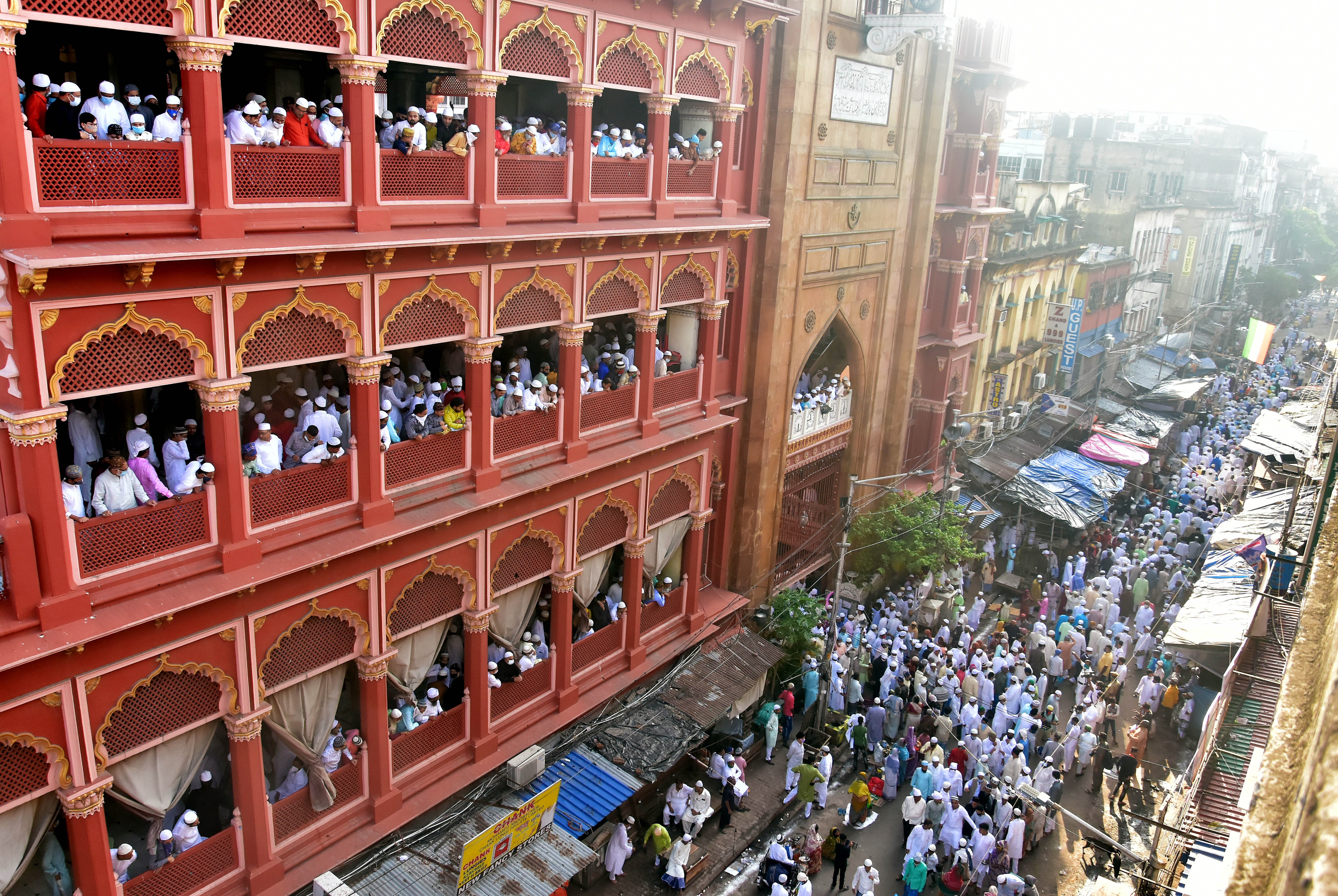 Muslims Devotees flouting social distancing norms as they celebrate Eid ul-Fitr at Nakhoda masjid in Kolkata on Friday.