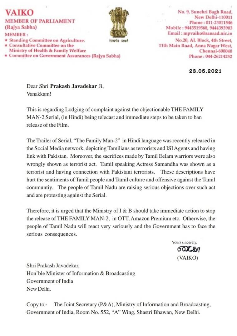 The Family Man 2: Rajya Sabha MP Vaiko writes to Prakash Javadekar seeking ban on Amazon Prime series