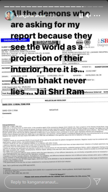 'A Ram bhakt never lies': Kangana Ranaut shares negative COVID-19 report as proof of her recovery