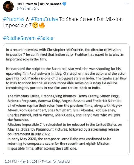 Prabhas to play an 'important role' in Tom Cruise's 'Mission Impossible 7'?