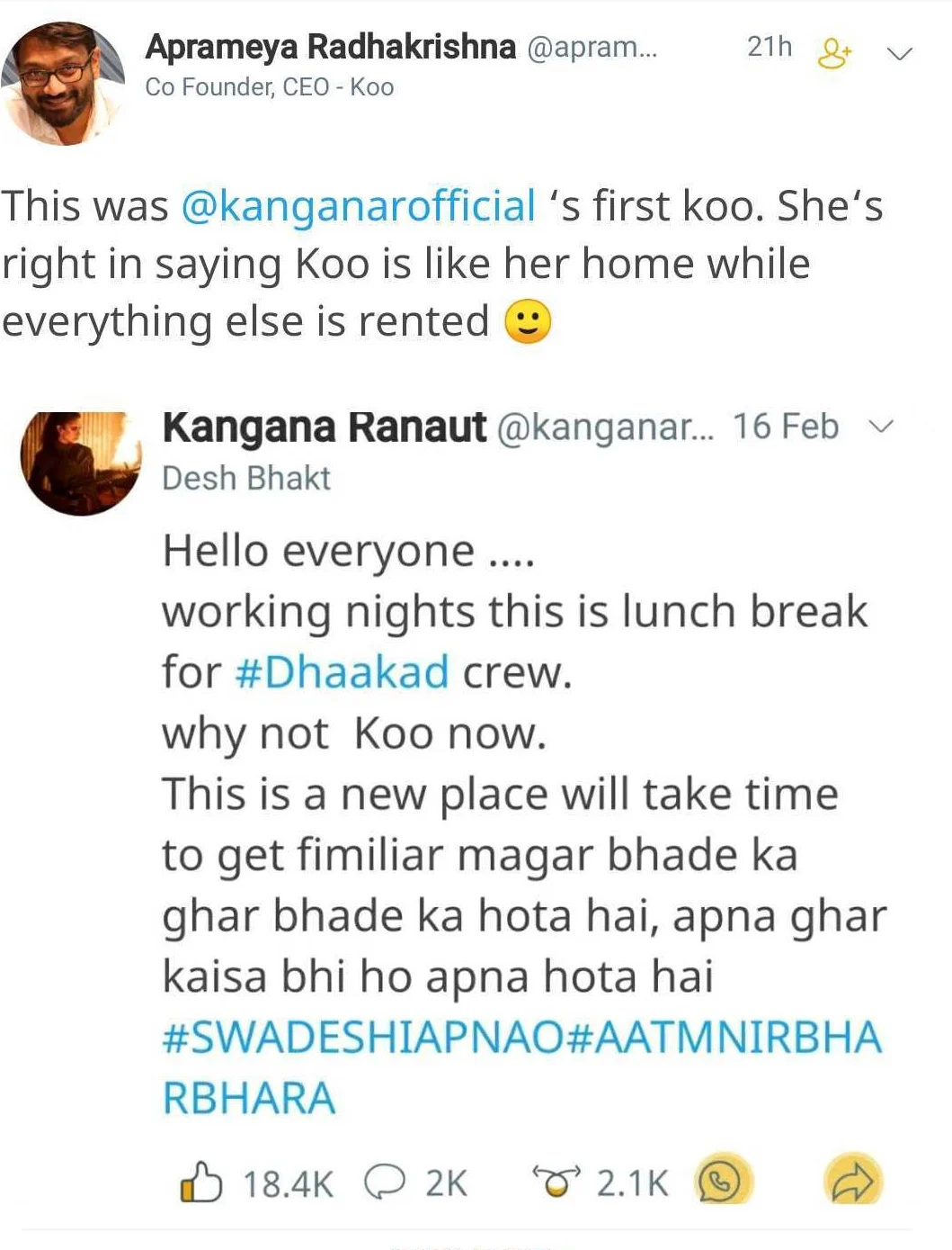 'Share your opinion with pride': Koo app welcomes Kangana Ranaut after Twitter suspends her account
