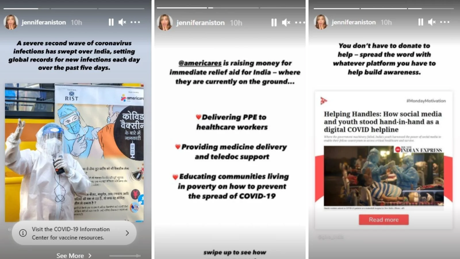 Jennifer Aniston urges fans to help India tackle COVID-19 crisis