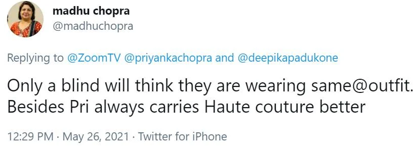 Madhu Chopra says Priyanka carries haute couture better than Deepika Padukone after media outlet draws comparison