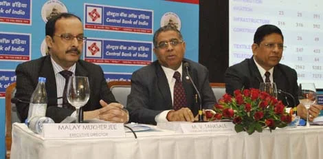Executive Director of Central Bank of India (CBI) Malay Mukherjee, Chairman & MD M.V Tanksale and Executive Director R.K Dubey interact with the media during the announcement of the bank’s second quarter results in Mumbai on Tuesday.