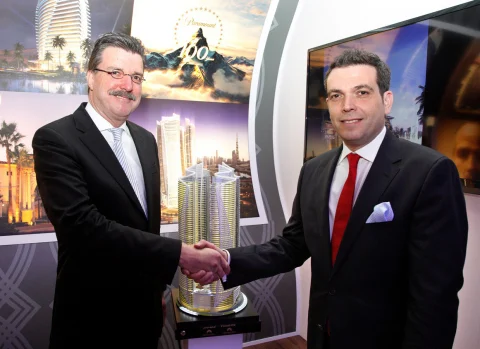DAMAC’s Ziad El Chaar with Thomas van Vliet, Chief Executive Officer from Paramount Hospitality after the announcement this morning at ITB in Berlin (Photo: Business Wire)